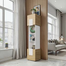 Vitrine Komodee Torino Finition Mate Blanc Arctique Chêne Huilé 35 X 39 X 172 Cm