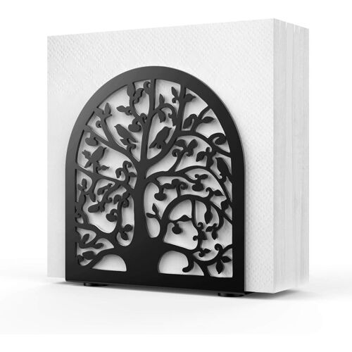 Porte-Serviettes de Table, Support de Serviettes en Papier avec Façon d'arbre et d'Oiseau Creux, Distributeur de Mouchoirs en Papier pour Table à Manger, Comptoir de Cuisine et Salon - Noir