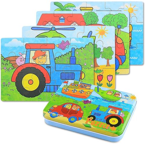 Version Transport Du Puzzle En Bois Pour Enfants, 4 Niveaux De Difficulté Différents, 9, 12, 15 Et 20 Pièces, Le Jouet Éducatif Parfait Pour Les Garçons Et Les Filles À Partir De 2 Ans.