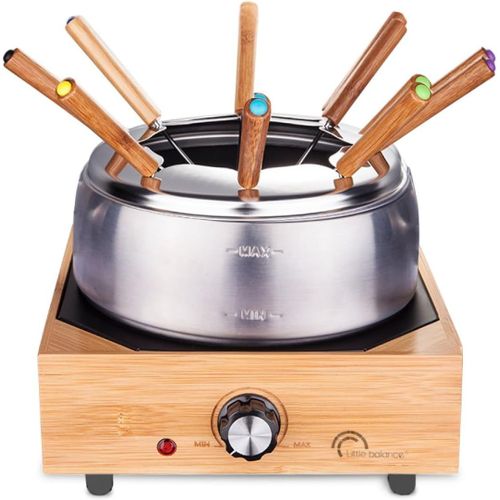 JEXNOVASHOP-8320 Wood Fondue 8 Inox - Appareil à fondue 8 personnes - Caquelon Inox anti-adhésif grande contenance 2 litres - Puissance 800 W - Finition Bambou véritable