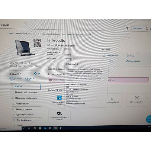 Lenovo ThinkCentre Edge 92z all in one Intel Core i3 - Ram 4 Go - DD 500 Go