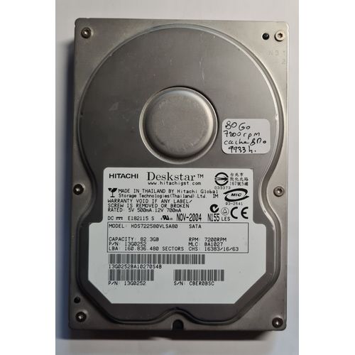 Disque Dur Hitachi 80 Go 3.5" Deskstar HDS722580VLSA80 Sata 8Mo 7200rpm