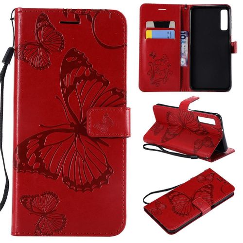 Samsung Galaxy A7 2018 Coque, Saturcase Papillon Gaufrage Pu Cuir Magnétique Flip Portefeuille Support Porte-Carte Protecteur Coque Housse Étui Avec Dragonne Pour Samsung Galaxy A7 2018 (Rouge)