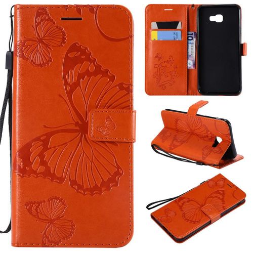 Samsung Galaxy J4 Plus 2018 Coque, Saturcase Papillon Gaufrage Pu Cuir Magnétique Flip Portefeuille Support Porte-Carte Protecteur Coque Housse Étui Avec Dragonne Pour Samsung Galaxy J4 Plus 2018 (Orange)