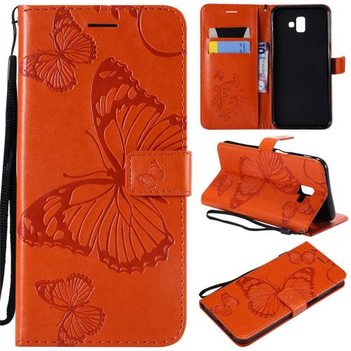 Samsung Galaxy J6 Plus 2018 Coque, Saturcase Papillon Gaufrage Pu Cuir Magnétique Flip Portefeuille Support Porte-Carte Protecteur Coque Housse Étui Avec Dragonne Pour Samsung Galaxy J6 Plus 2018 (Orange)