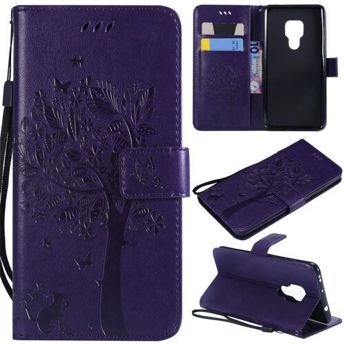 Huawei Mate 20 Coque, SATURCASE Arbre à Chat Gaufrage PU Cuir Magnétique Flip Portefeuille Support Porte-carte Protecteur Coque Housse Étui avec Dragonne pour Huawei Mate 20 (Violet)