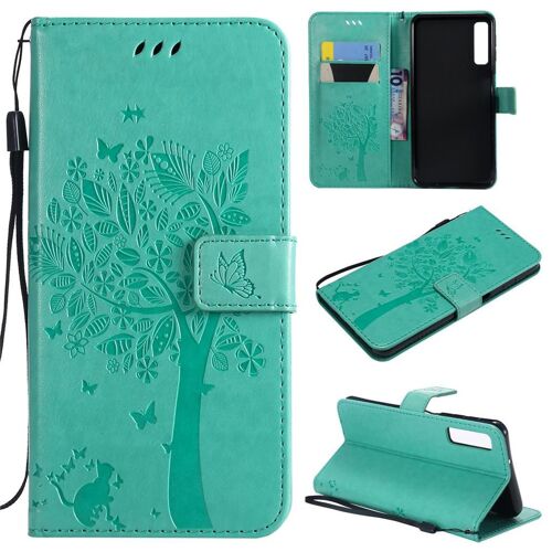 Samsung Galaxy A7 2018 Coque, Saturcase Arbre À Chat Gaufrage Pu Cuir Magnétique Flip Portefeuille Support Porte-Carte Protecteur Coque Housse Étui Avec Dragonne Pour Samsung Galaxy A7 2018 (Vert)