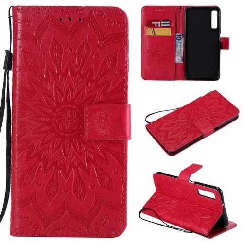 Samsung Galaxy A7 2018 Coque, Saturcase Fleur Du Soleil Gaufrage Pu Cuir Magnétique Flip Portefeuille Support Porte-Carte Protecteur Coque Housse Étui Avec Dragonne Pour Samsung Galaxy A7 2018 (Rouge)