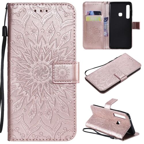 Samsung Galaxy A9 2018 Coque, SATURCASE Fleur du Soleil Gaufrage PU Cuir Magnétique Flip Portefeuille Support Porte-carte Protecteur Coque Housse Étui avec Dragonne pour Samsung Galaxy A9 2018 (Or Rose)
