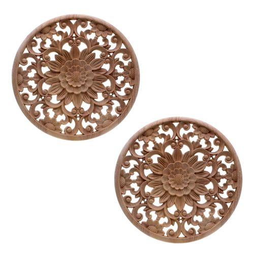 2X Appliques en Bois Rond de Sculpture Fleurs SculptéEs pour DéCalque Moulures Non-Peintes Meuble Armoire Figurine DéCorative 15x15x0.8cm