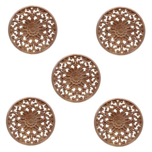 5X Appliques En Bois Rond de Sculpture Fleurs Sculptées pour Décalque Moulures Non-Peintes Meuble Armoire Figurine Décorative