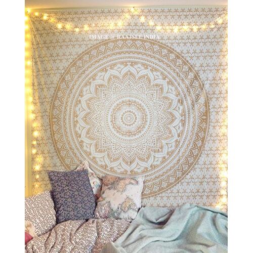 150*200cm Blanc Doré Mandala Ombre Tentures Murales Indiennes/Doré Tapisserie Mandala Hippie/Psychedelique Bohemian Rideaux Orientale Decorations/Golden Tapestry Couvre lit Twin