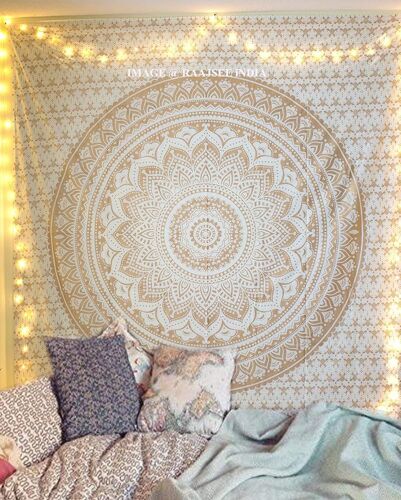 150*200cm Blanc Doré Mandala Ombre Tentures Murales Indiennes/Doré Tapisserie Mandala Hippie/Psychedelique Bohemian Rideaux Orientale Decorations/Golden Tapestry Couvre lit Twin
