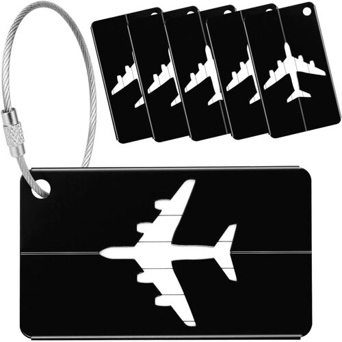 Étiquette Bagage 6 Pièce noir Étiquette Valise Avion Etiquette Bagage en Alliage d'Aluminium avec Cordes en Acier Inoxydable et Carte PVC étanche Bagages Étiquettes