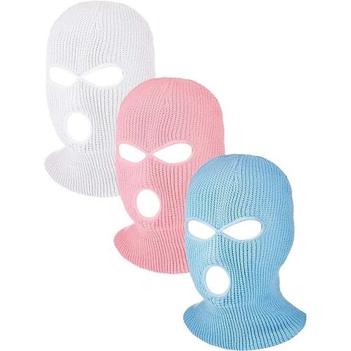 3 Pièces Cagoules de Visage de Sport Complet 3 Trous Cagoule de Ski de Couverture de Visage Tricotée de Plein Air d'hiver (Blanc, Rose, Bleu Ciel, Adulte)