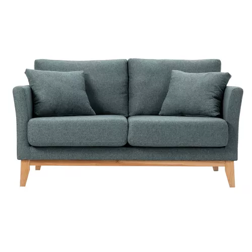 Canapé scandinave déhoussable 2 places en tissu effet velours vert de gris et bois clair OSLO