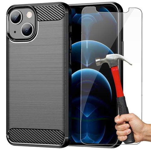 Coque Pour Iphone 13 Silicone Carbone Noir + 2 Verres Trempes Vitre Protection D'ecran