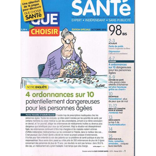 Que Choisir Sante N°98 Bis Oct 2015 4 Ordonnances Sur 10 Potentellement Dangereuses Pour Les Per