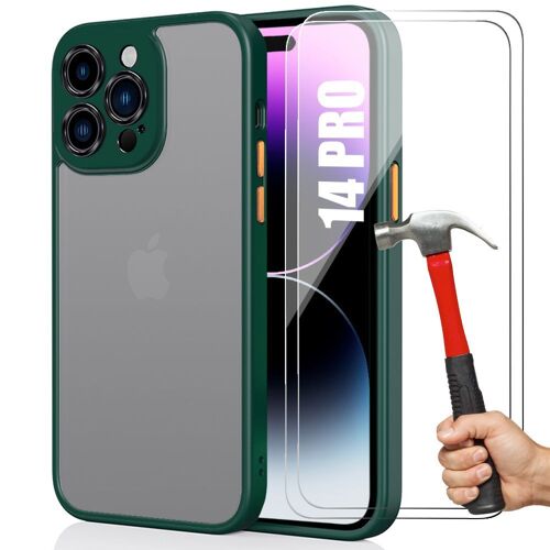 Coque et 2 Verres Trempes pour iPhone 14 Pro (6,1'') Silicone Vert Nuit Mat + Dos PC Translucide