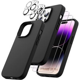 Coque pour iPhone 14 Pro Silicone Noir + 2 Verres Trempes et 2 Protections Objectif Arrière