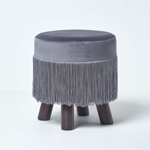 Pouf Rond En Velours À Franges Warwick Avec Pieds, Gris