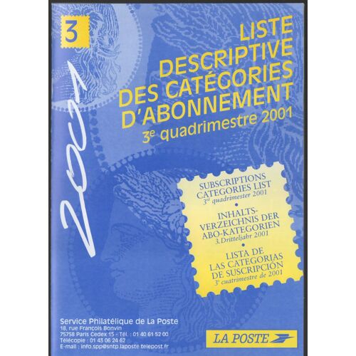 La Poste Philatélie Liste Descriptive Des Catégories D'abonnement 3ème Quadrimestre 2001