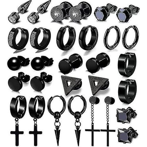 15 Paires De Boucles D'oreilles Pour Hommes, Boucles D'oreilles En Acier Inoxydable Noir Kit De Goujon Pour Hommes Femmes Mode Piercing Bijoux Croix Pendaison Cerceau Boucles D'oreilles Ensemble