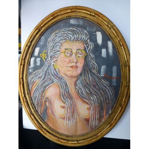 Tableau Oval Femme Buste Nu Sur Bois