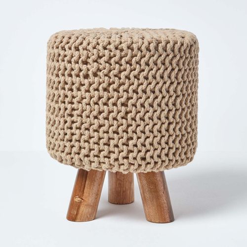 Pouf Tressé En Tricot Et Pieds En Bois - Beige