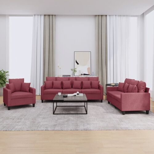 vidaXL Ensemble de canapés 3 pcs avec coussins rouge bordeaux tissu