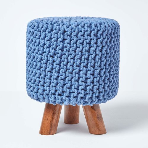 Pouf Tressé En Tricot Et Pieds En Bois - Bleu