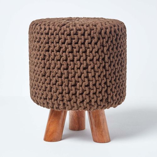 Pouf Tressé En Tricot Et Pieds En Bois - Chocolat