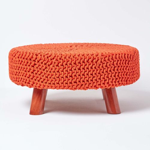 Grand Pouf Tressé En Tricot Et Pieds En Bois - Orange