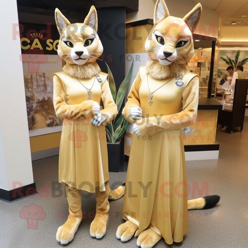 Personnage De Costume De Mascotte Redbrokoly De Lynx Doré Habillé D'une Robe Portefeuille Et De Broches