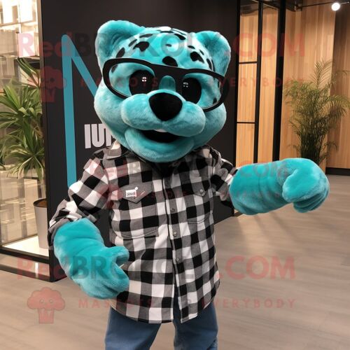 Personnage De Costume De Mascotte Redbrokoly De Léopard Turquoise Habillé D'une Chemise En Flanelle Et De Lunettes