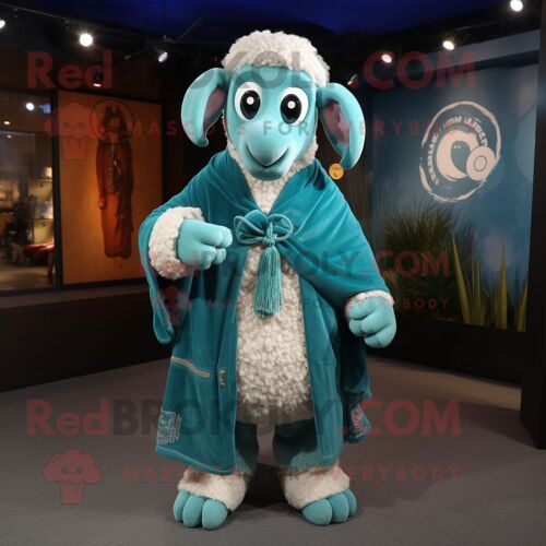 Mascotte Redbrokoly De Personnage De Bélier Bleu Sarcelle Habillé D'un Jean Boyfriend Et De Châles