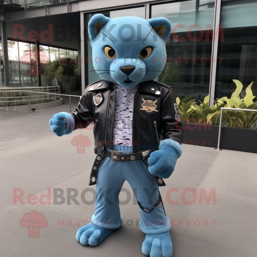 Personnage De Costume De Mascotte Redbrokoly Jaguarundi Bleu Ciel Habillé D'une Veste De Motard Et De Ceintures
