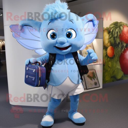Personnage De Costume De Mascotte Redbrokoly De Fée Des Dents Bleu Ciel Habillé D'un Bermuda Et De Sacs À Dos