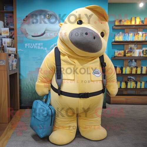 Personnage De Costume De Mascotte Redbrokoly Gold Stellar S Sea Cow Habillé D'une Salopette Et De Sacs À Dos