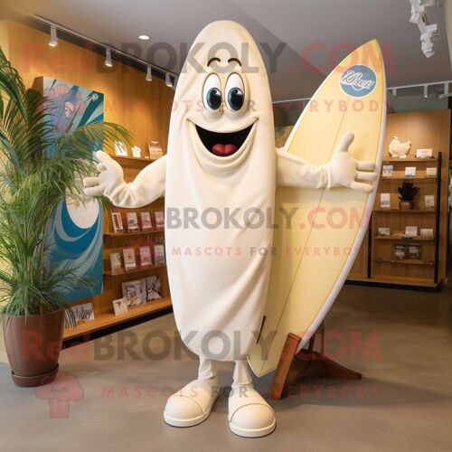 Personnage De Costume De Mascotte Redbrokoly De Planche De Surf Crème Habillé D'un Short Cargo Et D'écharpes