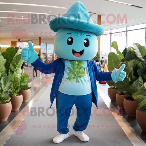 Personnage De Costume De Mascotte Redbrokoly De Radis Bleu Sarcelle Habillé D'un Jean Et De Casquettes Boyfriend