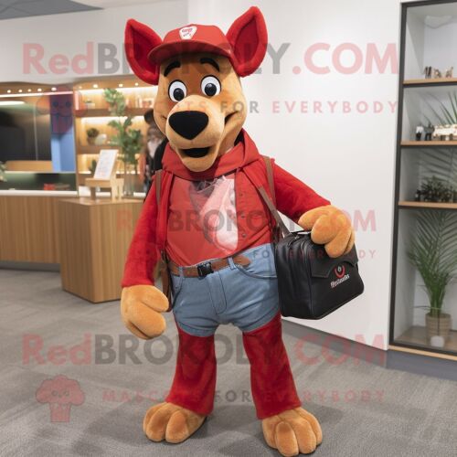 Personnage De Costume De Mascotte Redbrokoly Red Dingo Habillé Avec Un Jean Et Des Porte-Documents