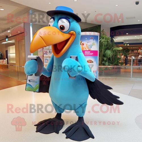 Personnage De Costume De Mascotte Redbrokoly Toucan Bleu Ciel Habillé D'une Jupe Trapèze Et De Portefeuilles