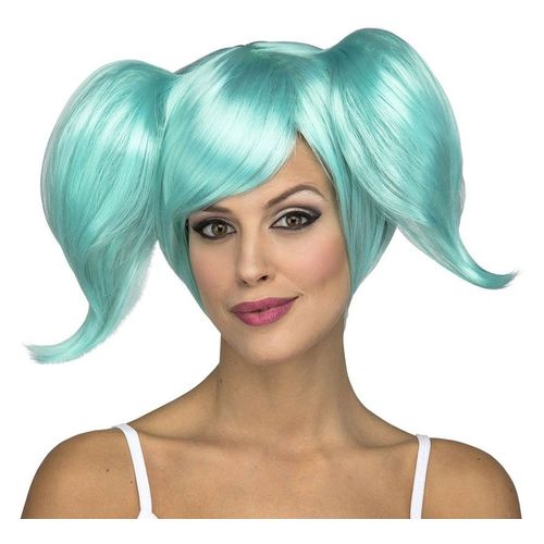 Perruque Manga Bleue Avec Couettes (Taille Unique Adulte)
