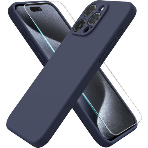 Coque Silicone Bleu Nuit + Verre Trempe Pour Iphone 15 Pro Little Boutik®