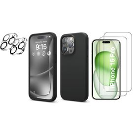 Coque Silicone Noir + Verres Trempes Et Protections Camera Arriere X2 Pour Iphone 15 Pro Little Boutik®