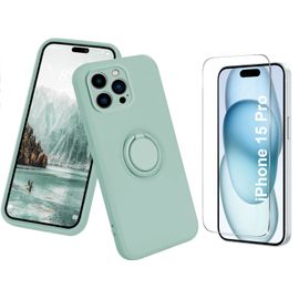 Coque Silicone Pour Iphone 15 Pro Couleur Vert Avec Anneau Support + Verre Trempe Protection Ecran Little Boutik®