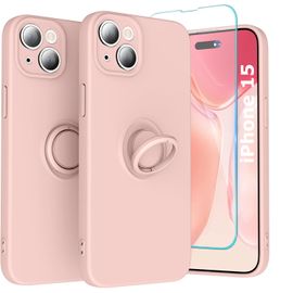 Coque Silicone Pour Iphone 15 Couleur Rose Avec Anneau Support + Verre Trempe Protection Ecran Little Boutik®