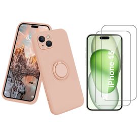 Coque Silicone Pour Iphone 15 Couleur Rose Avec Anneau Support + 2 Verres Trempe Protection Ecran Little Boutik®