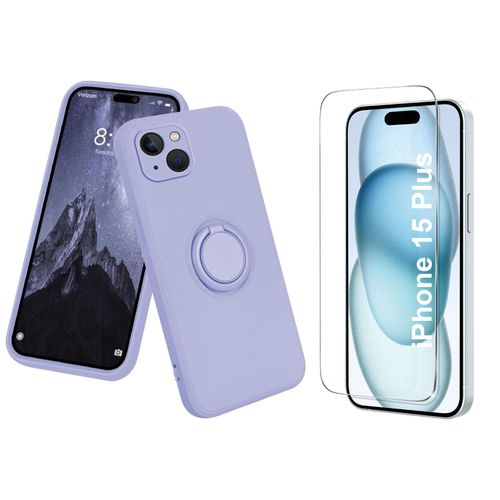 Coque Silicone Pour Iphone 15 Plus Couleur Violet Avec Anneau Support + Verre Trempe Protection Ecran Little Boutik®